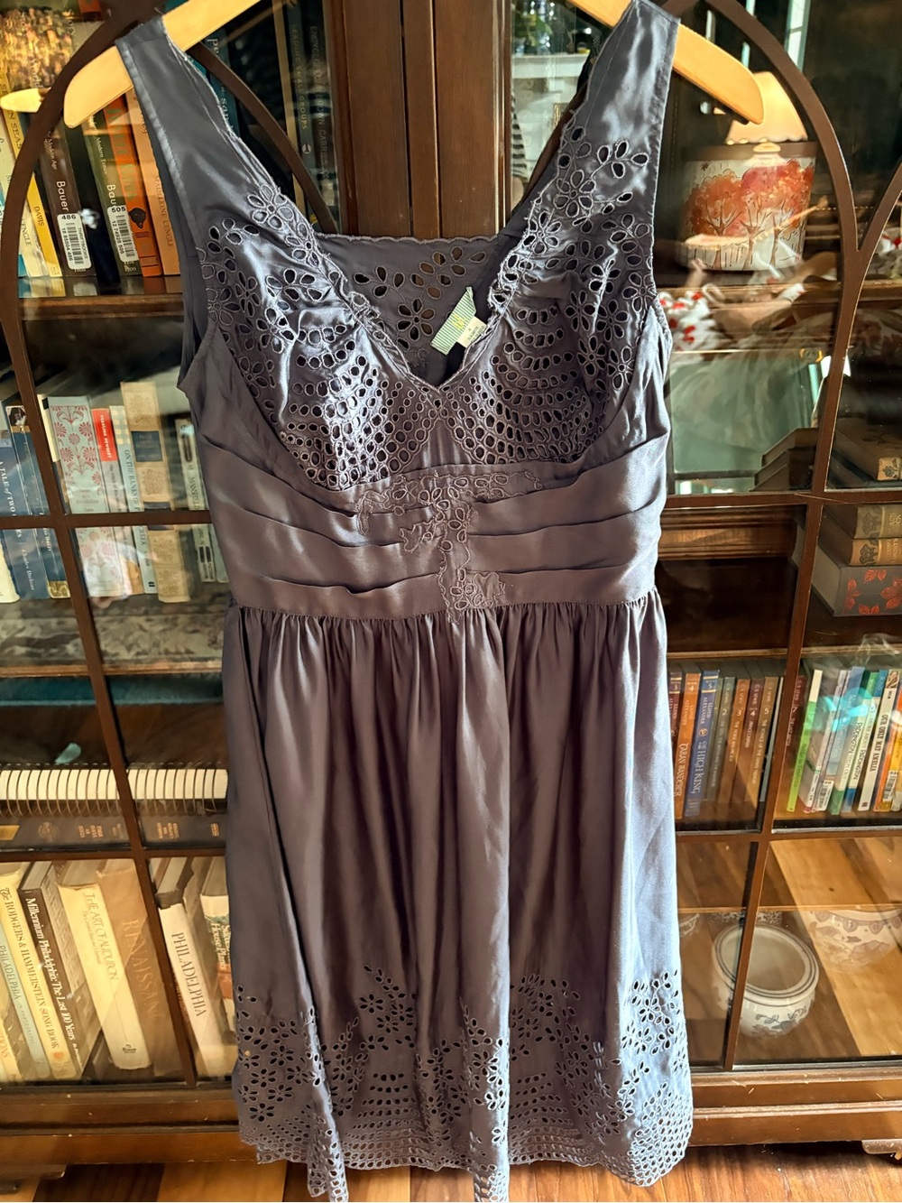 Anthropologie Lil Gray Silk Eyelet Pleated Midi Dress Natural Fibers